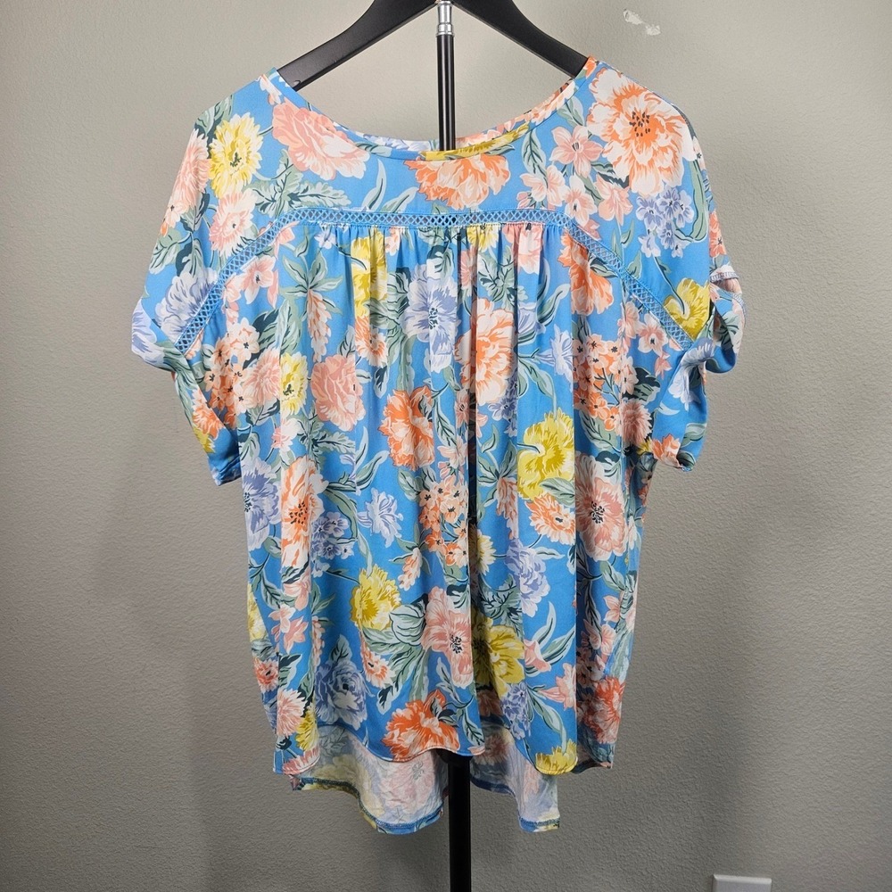 LOFT Floral Blouse Women XL Blue Short Sleeve Crochet‎ Trim Boho Romantic